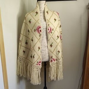 Vintage Shawl Cape Wrap Hand- Knit Fringe Hem Roses Soft Cozy Warm Boho Cottage